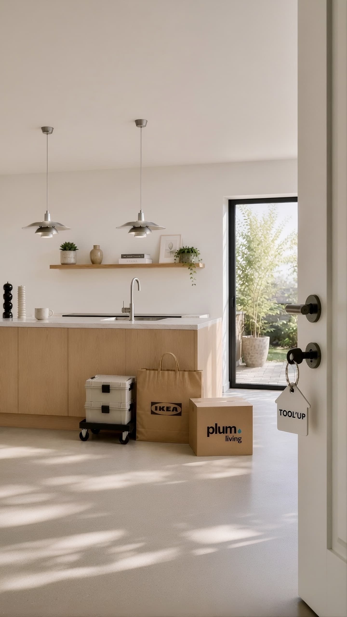 Cuisine chêne clair avec sacs de courses IKEA et Plum Living, porte-clés Tool'up accroché à la porte