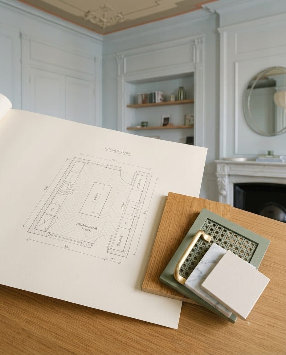 Plan d'implantation et échantillons de matériaux posés sur une table
