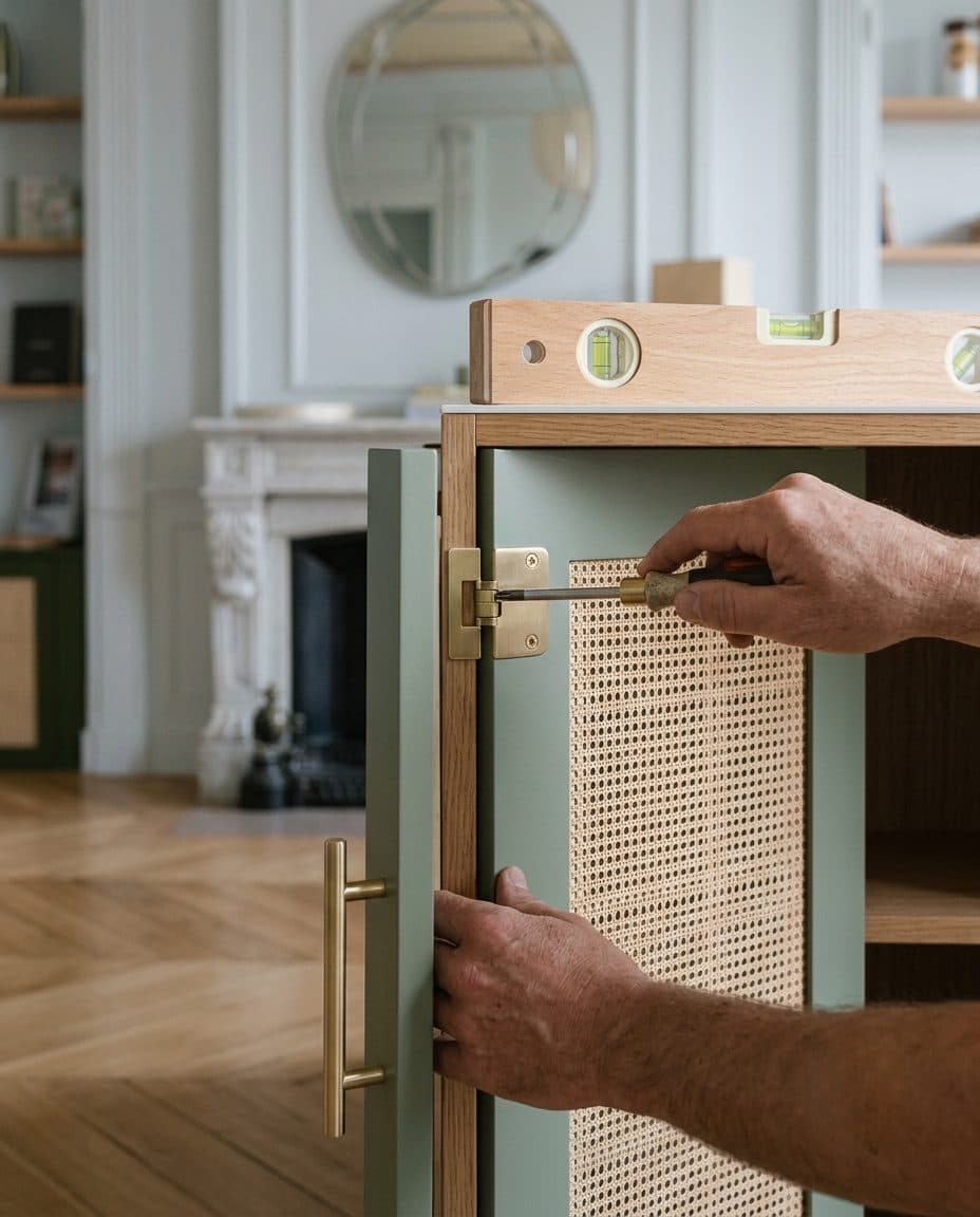 Artisan installant un meuble avec un niveau et une porte cannée
